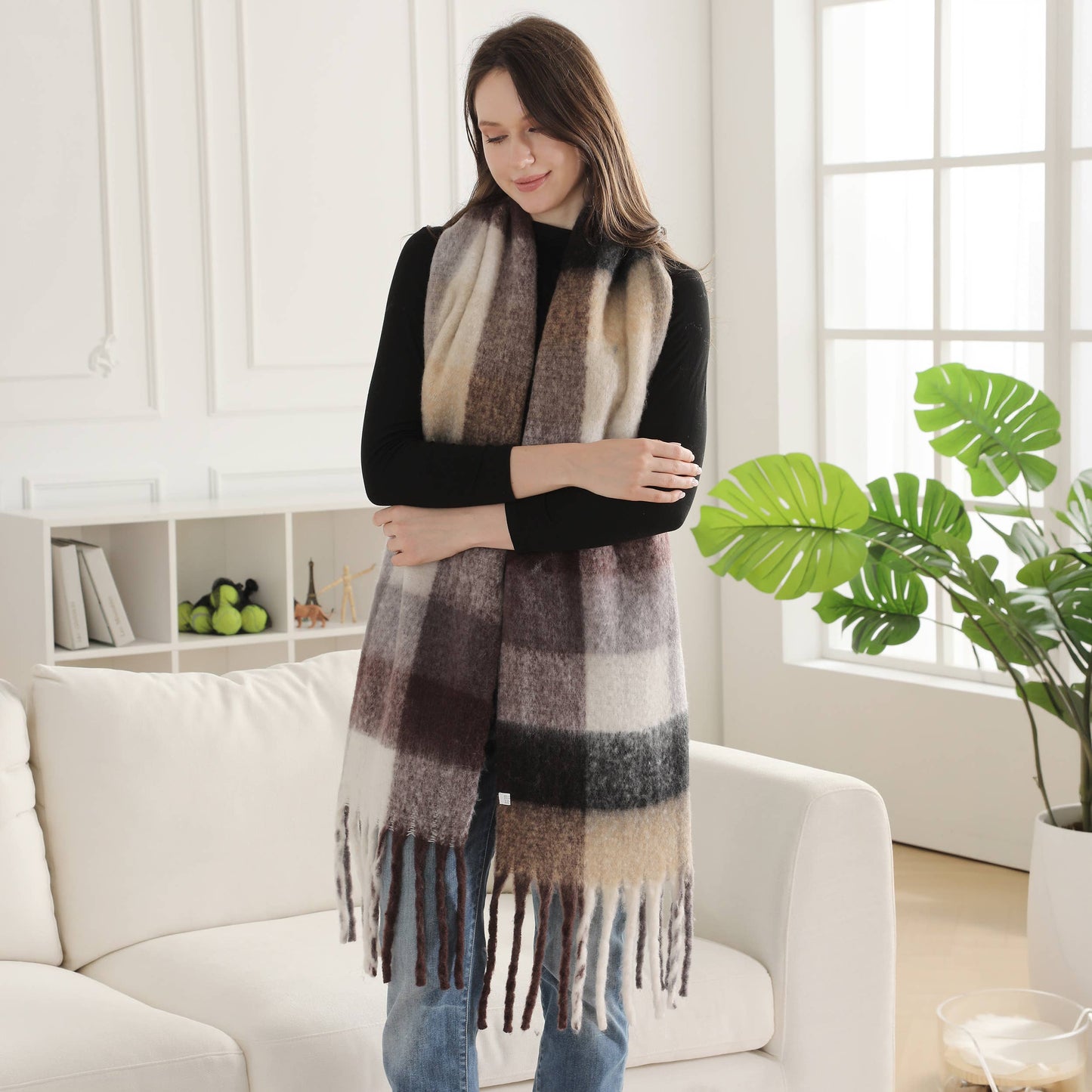 Plaid Pattern Fringe Oblong Winter Scarf