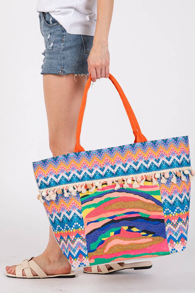 Abstract Boho and Bead Print Pom Pom Tote Bag