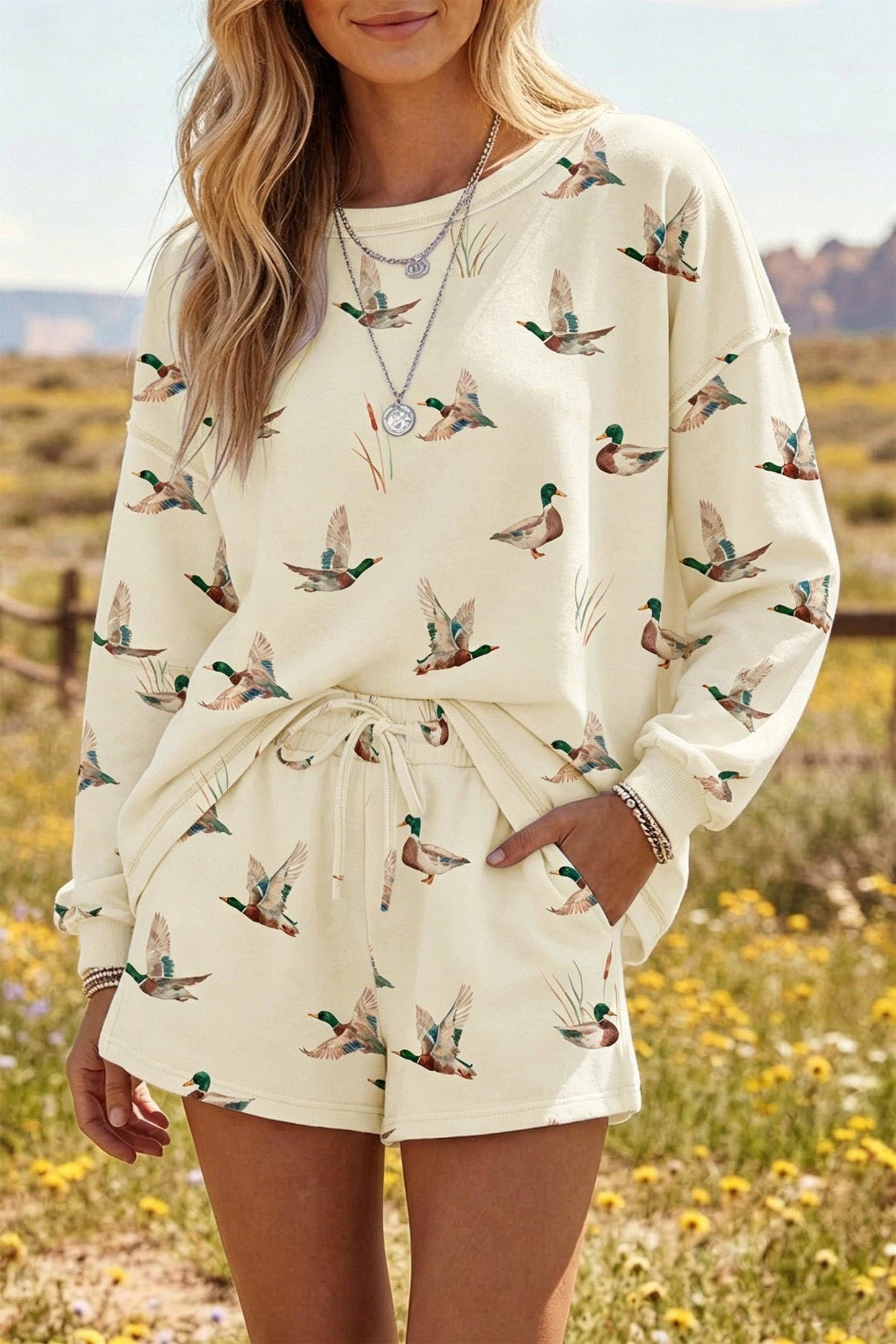 Mallard Print Long Sleeve Top Drawstring Short Set