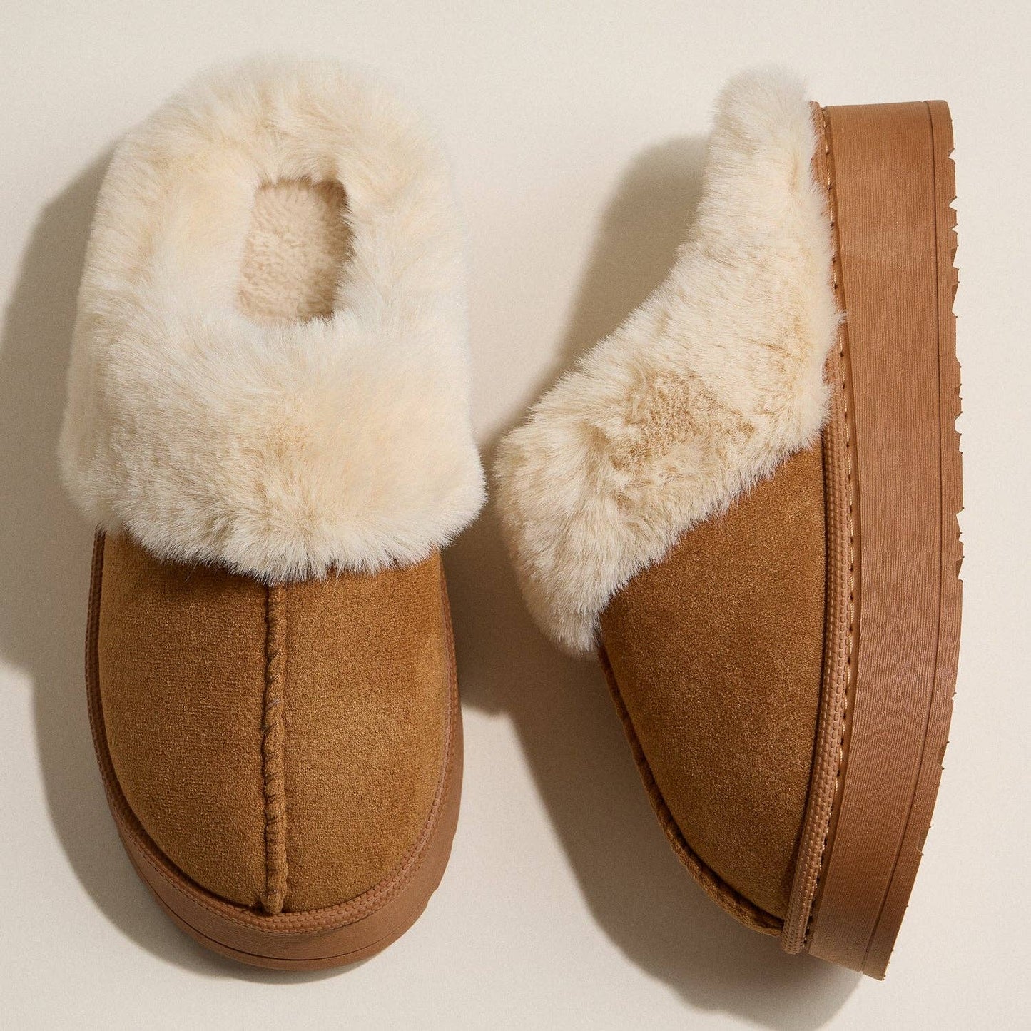Platform Sherpa Slippers with Suede Finish - Camel