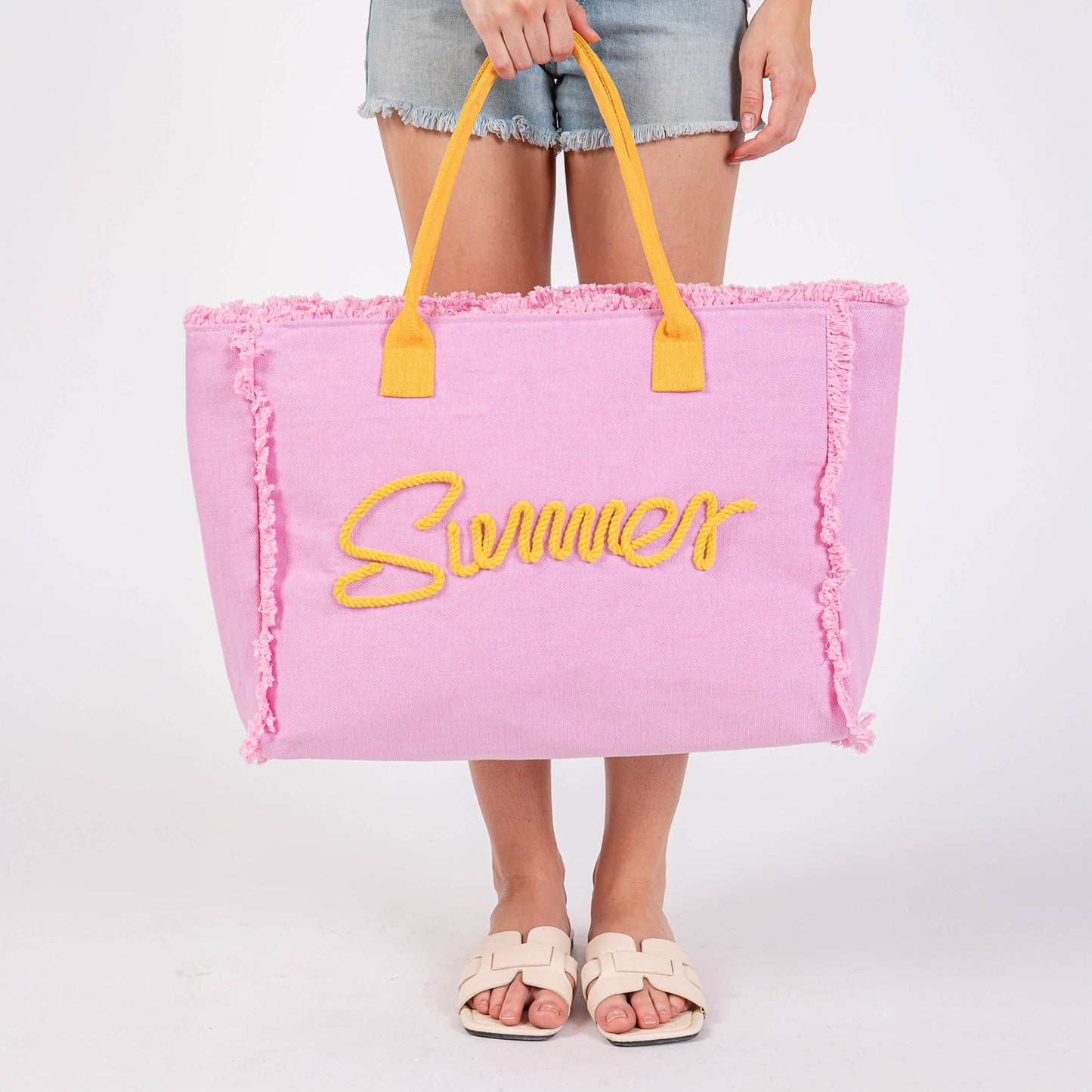 Sewn Rope Summer Letter Fringed Canvas Bag