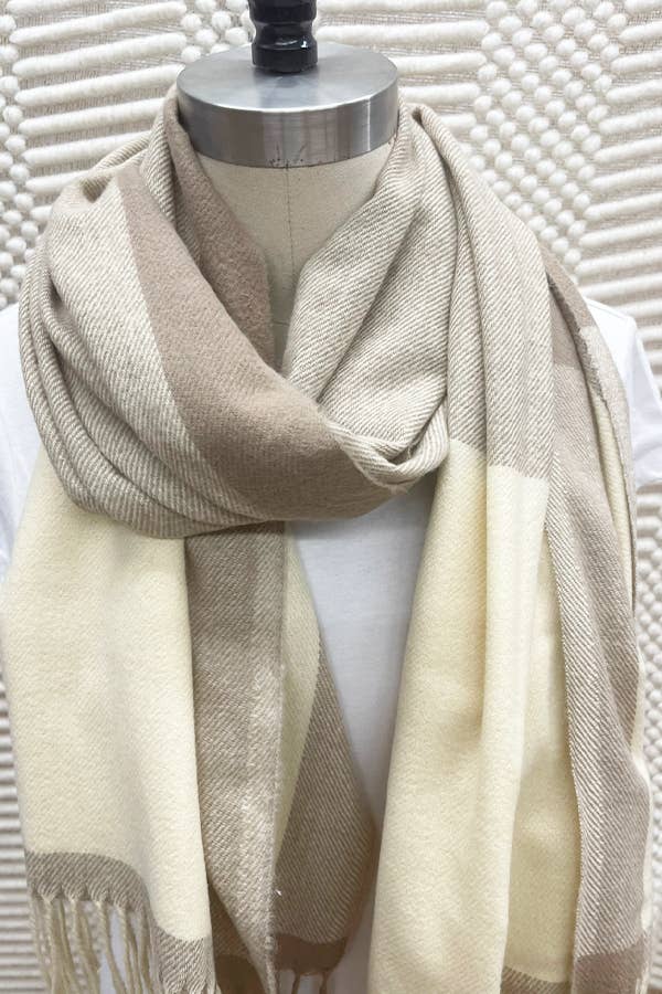 Two Tone Plaid Cashmere Scarf With Tassel