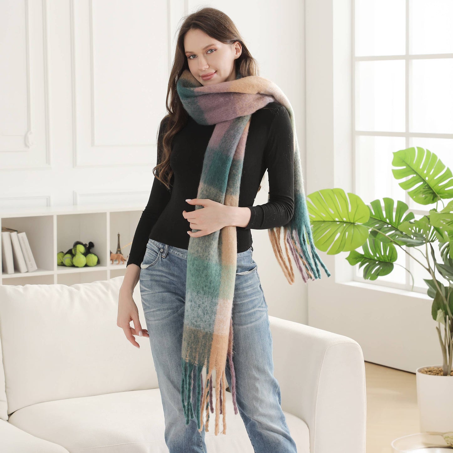 Plaid Pattern Fringe Oblong Winter Scarf
