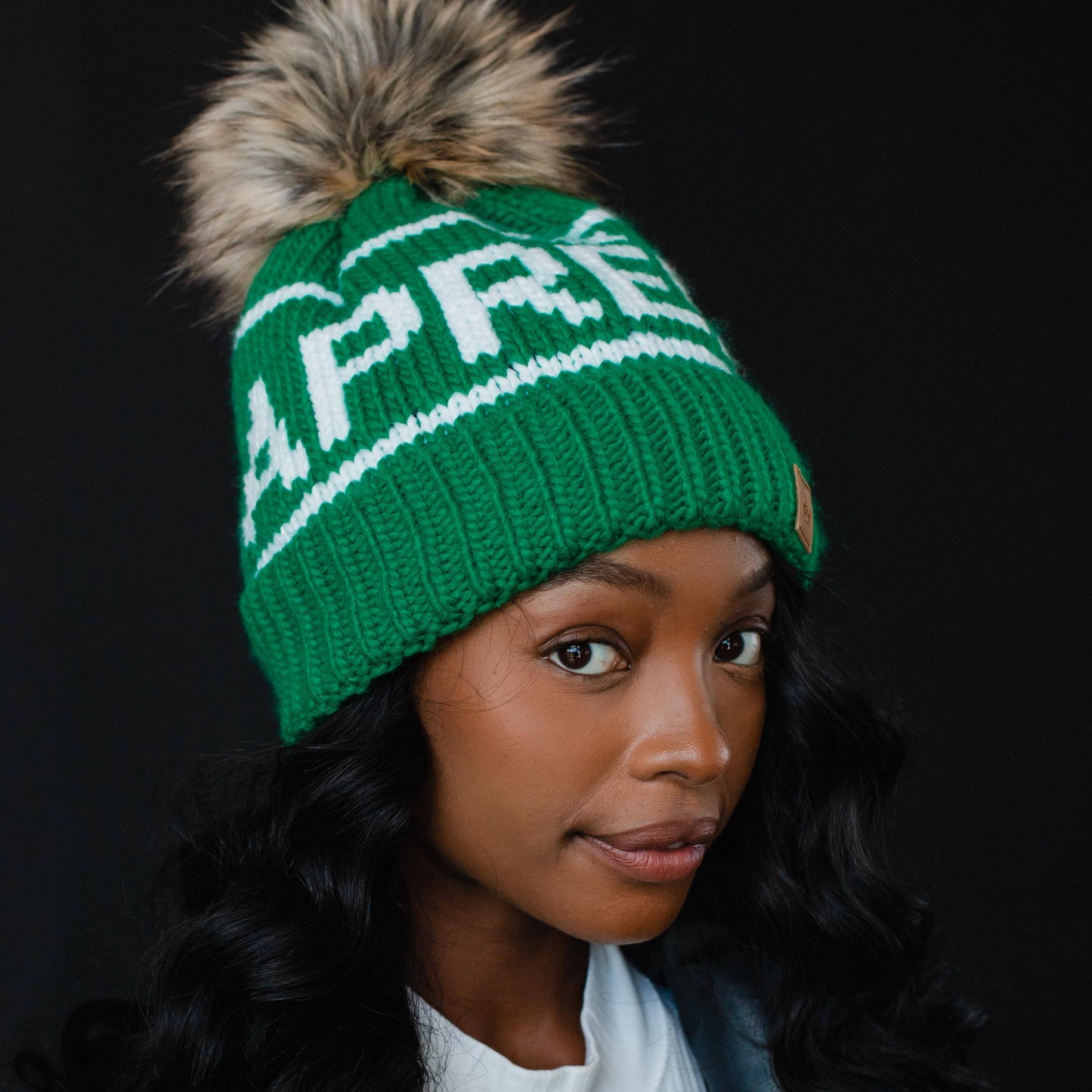 Green & White Après Pom Hat