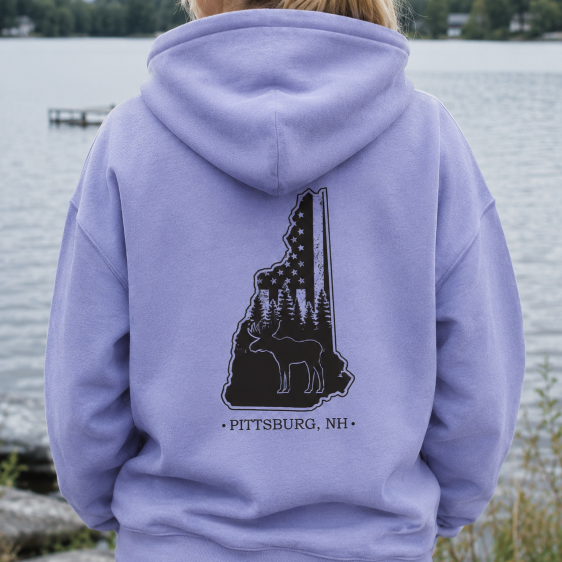 Lavender Hoodie, NH Flag Treeline & Moose