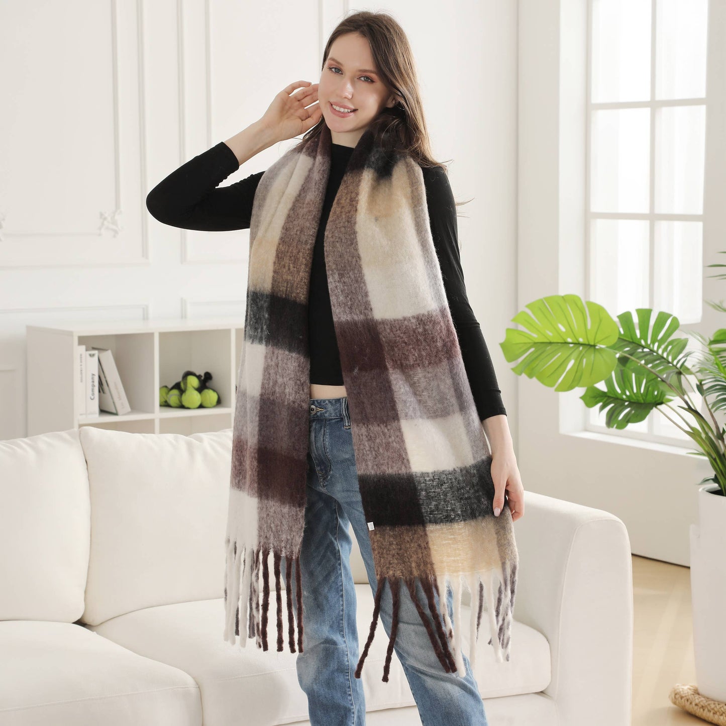 Plaid Pattern Fringe Oblong Winter Scarf