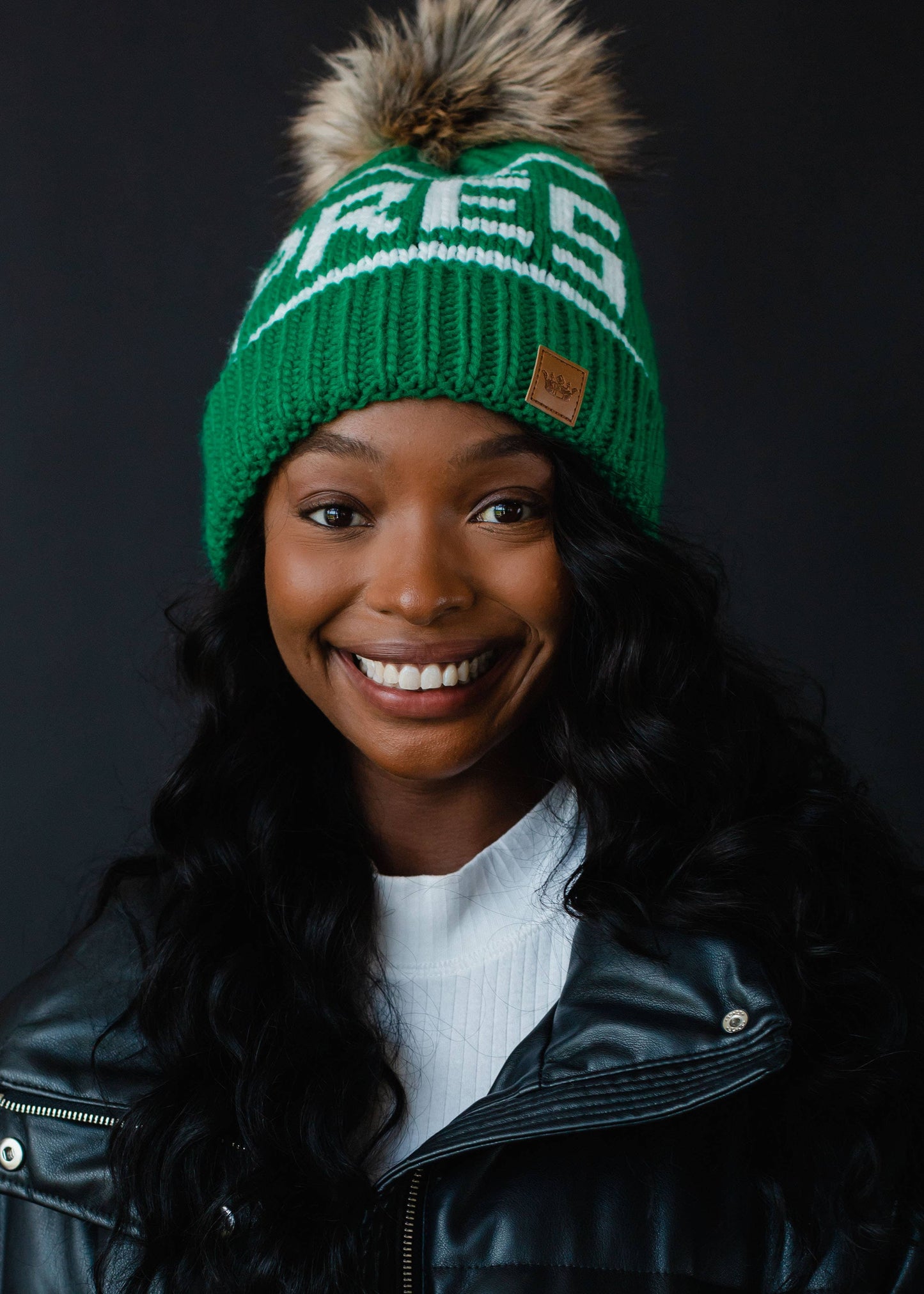 Green & White Après Pom Hat