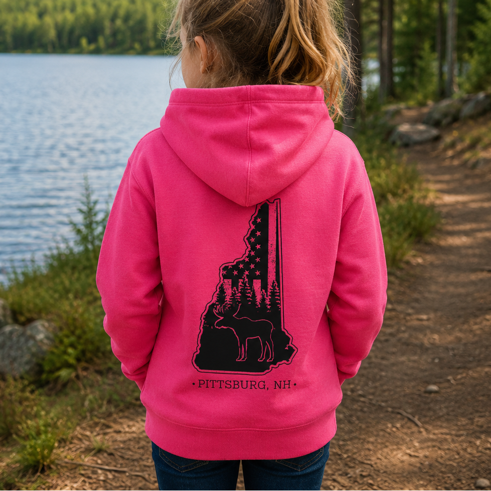 Youth Hoodie, NH Flag Treeline & Moose - Heather Hot Pink