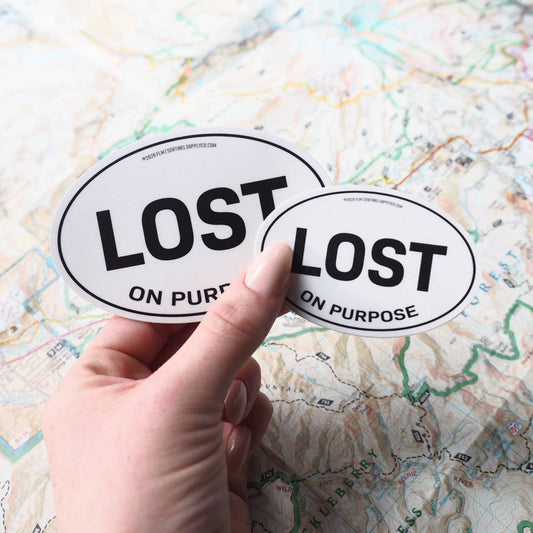 Lost on Purpose Oval Bumper Sticker, Outdoor Adventure Decal