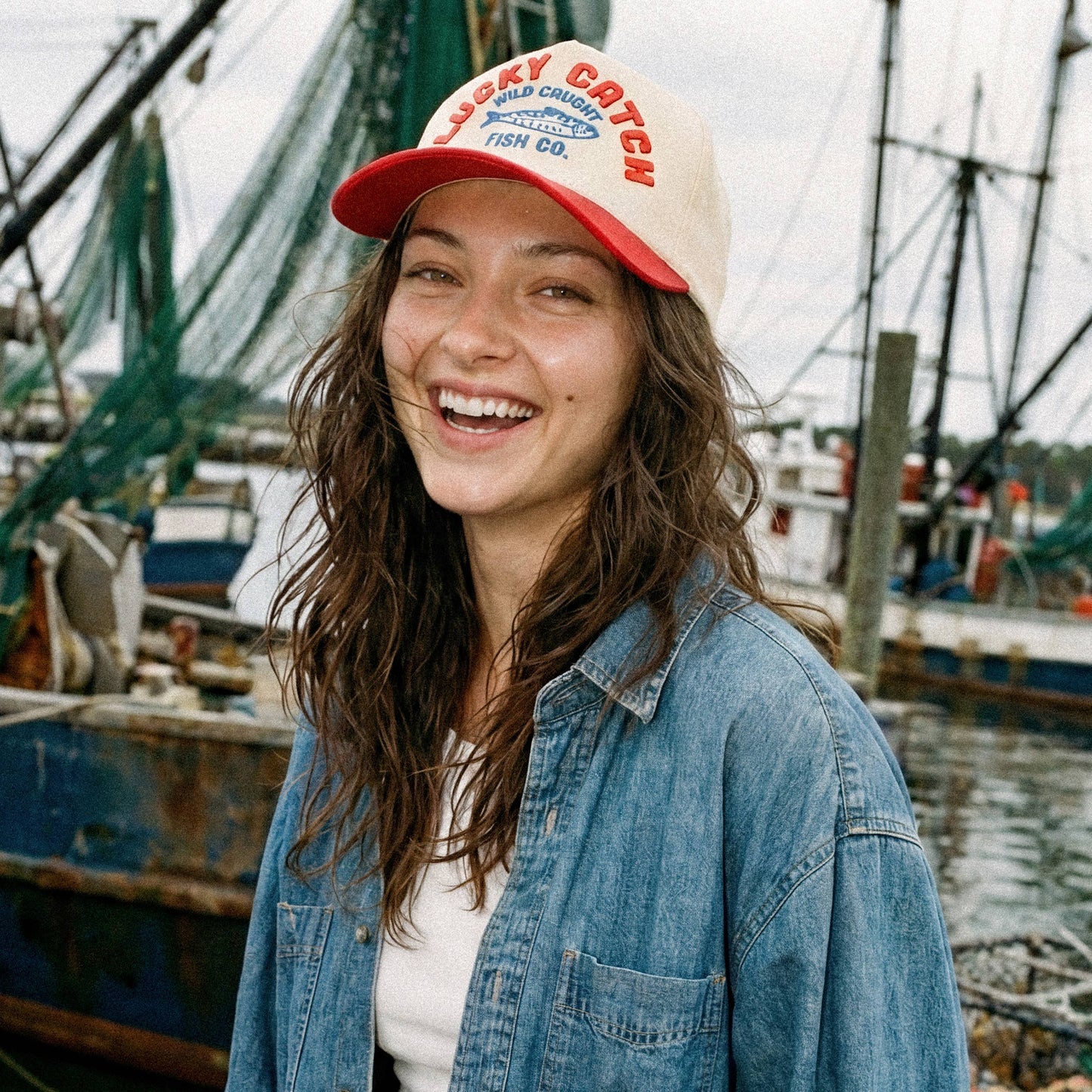 LUCKY CATCH Embroidered Two Tone Trucker Hat