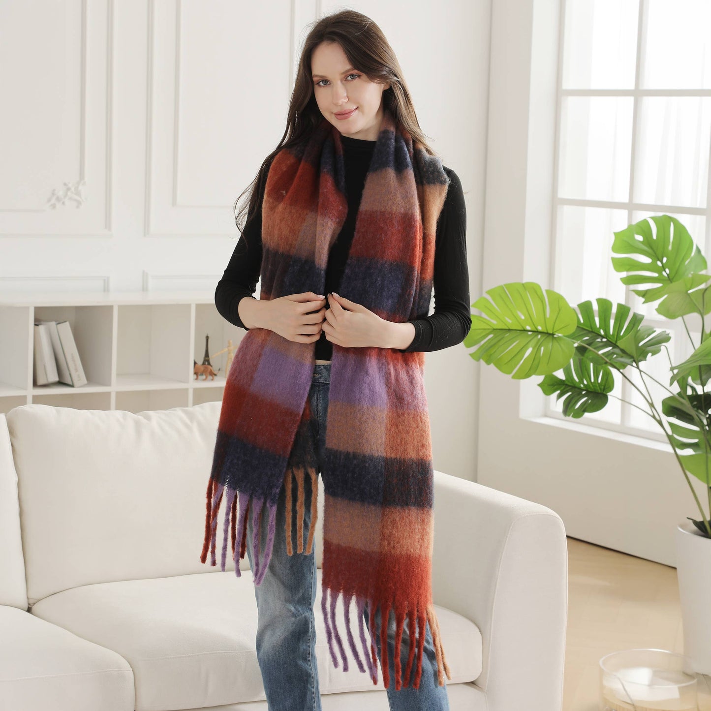 Plaid Pattern Fringe Oblong Winter Scarf