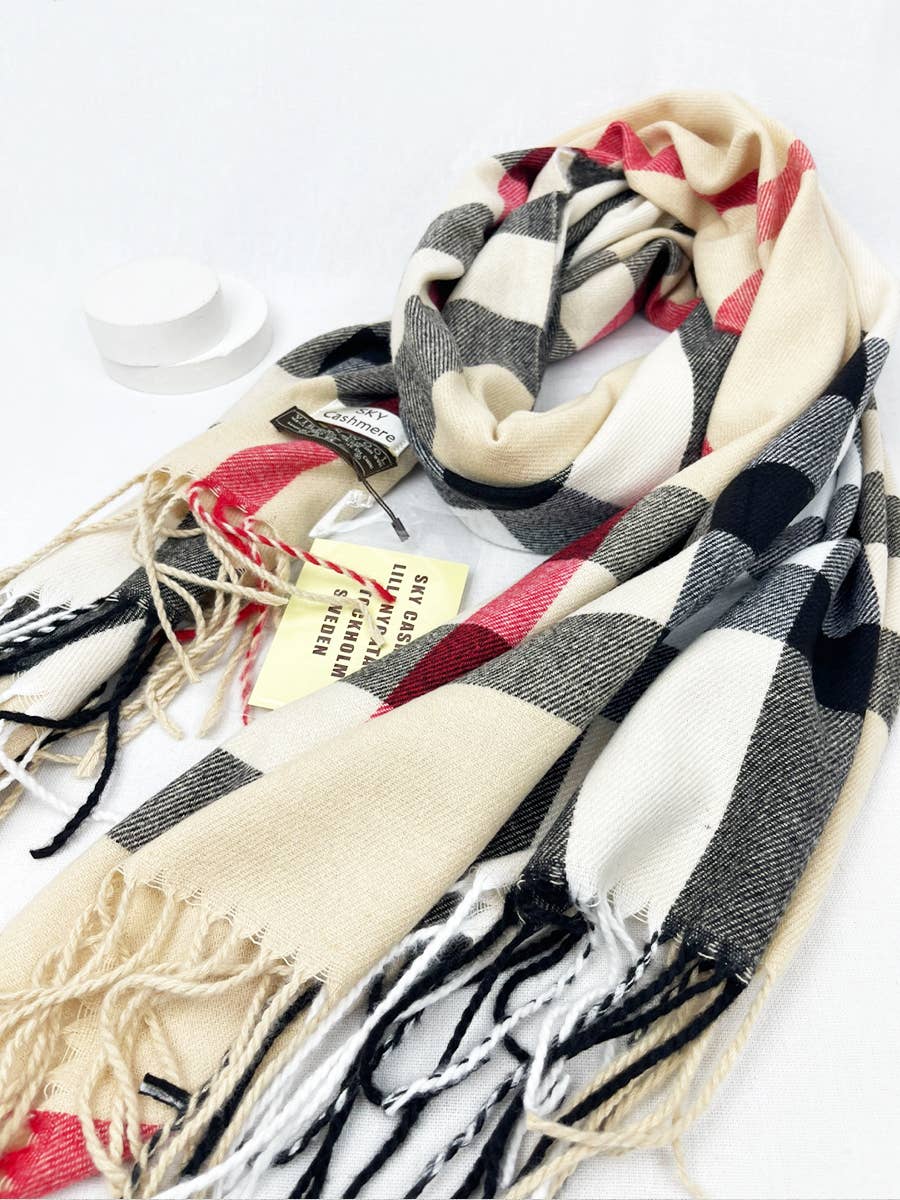 Beige/red/black - Plaid Cashmere Scarf With Tassel