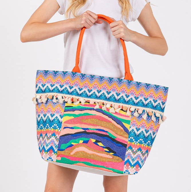 Abstract Boho and Bead Print Pom Pom Tote Bag