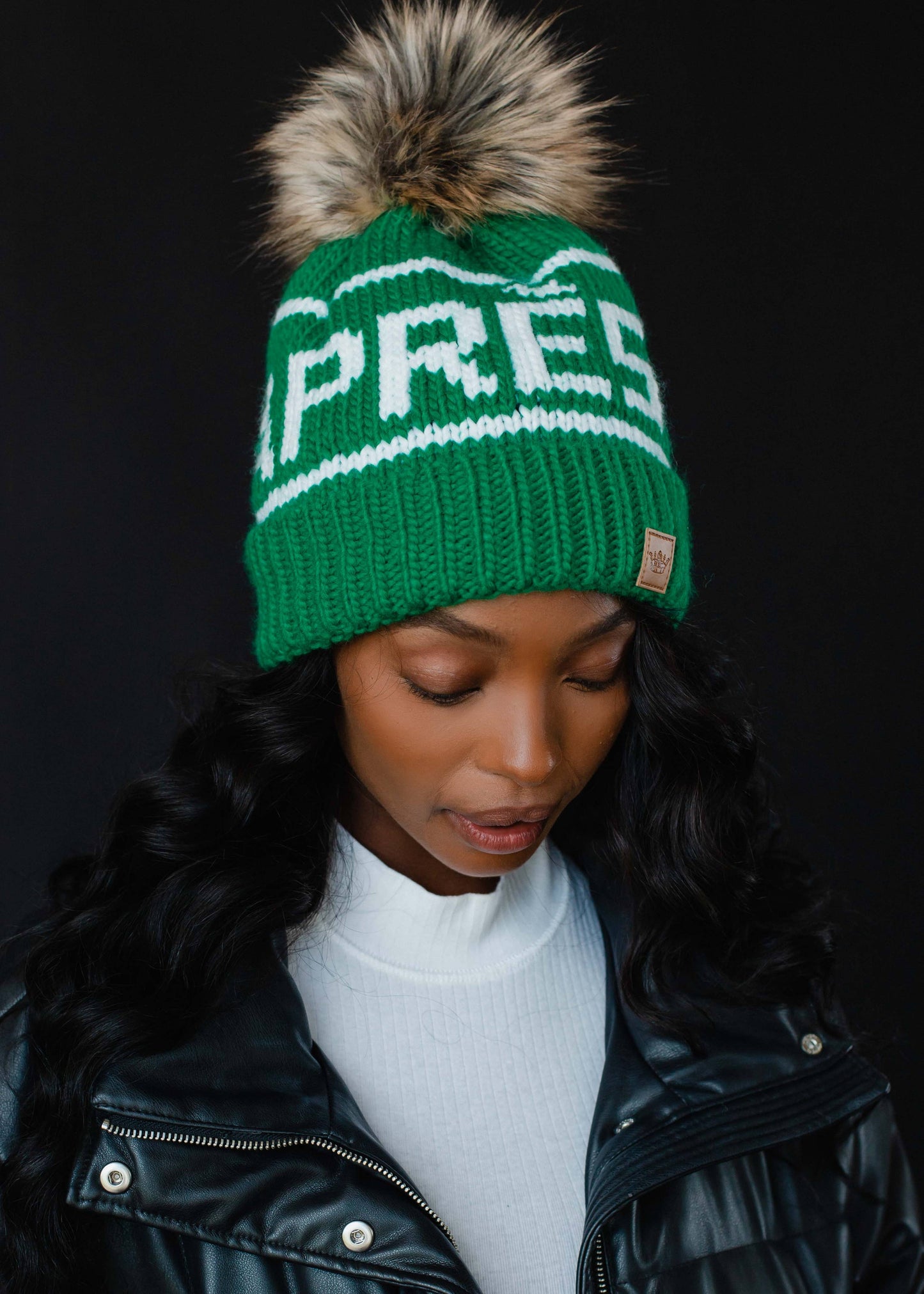 Green & White Après Pom Hat