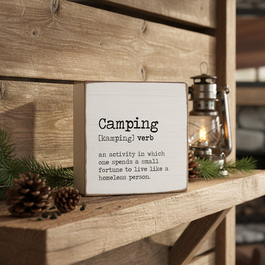 Camping Definition - Square Wood Block Sign