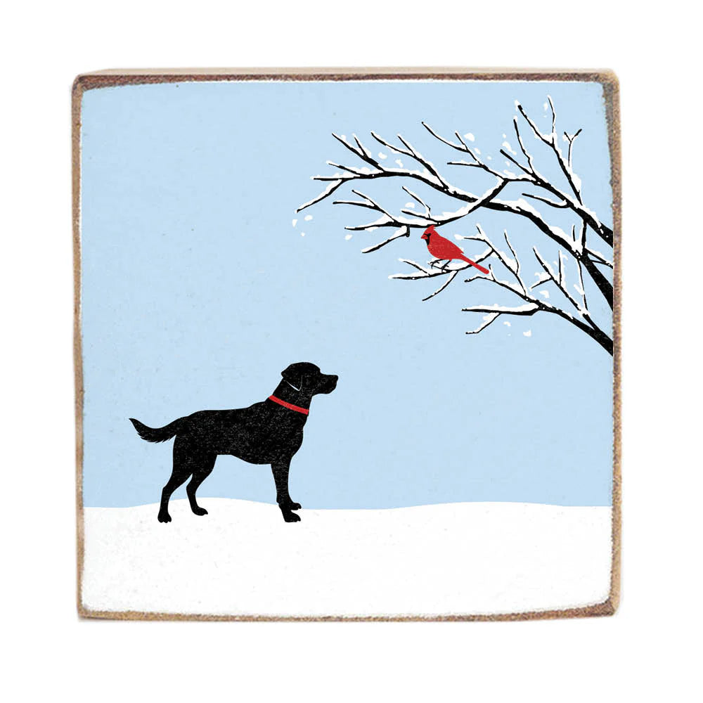 Dog And Cardinal Square Wood Block Sign