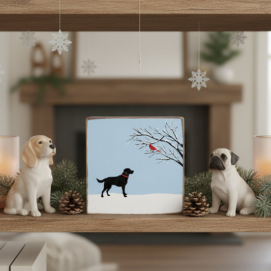 Dog And Cardinal Square Wood Block Sign
