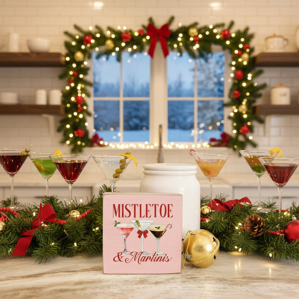 Mistletoe & Martinis Square Wood Block