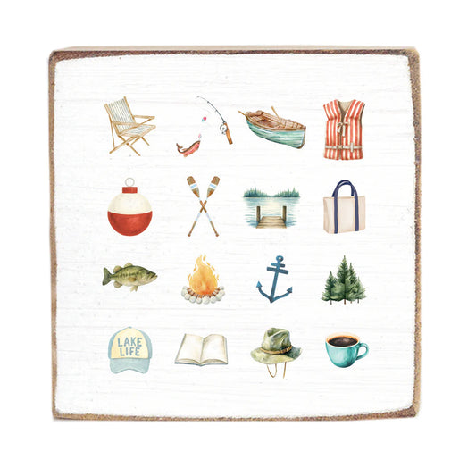 Lake Icons - Square Wood Block Sign