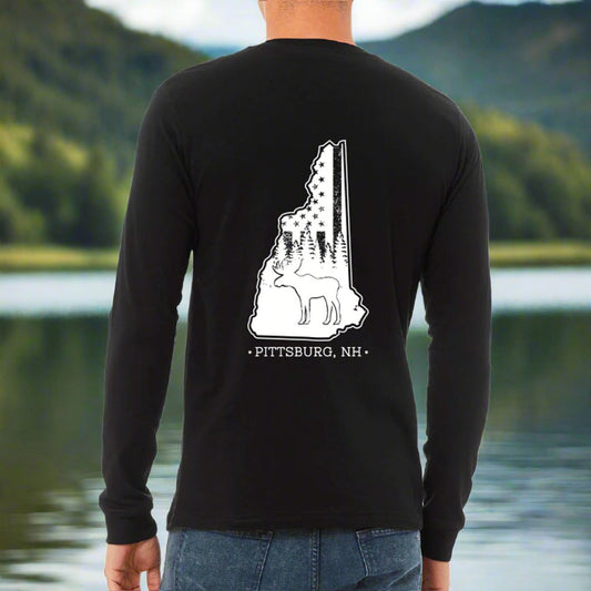 Black LS Tee, NH Flag Treeline & Moose
