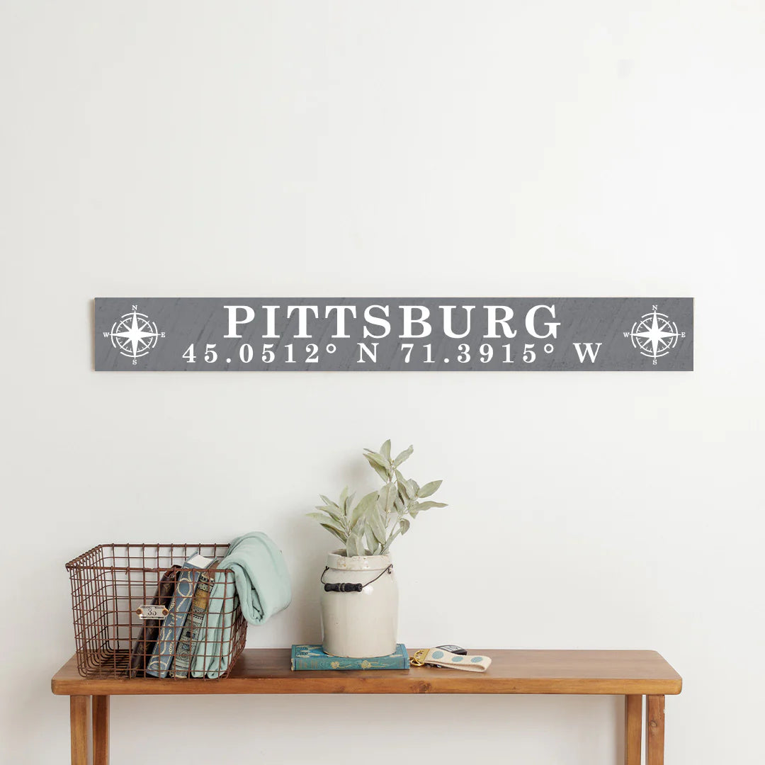 Pittsburg & Coordinates - Grey Solid Wood Sign
