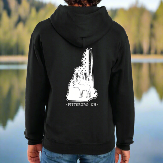Black Hoodie, NH Flag Treeline & Moose
