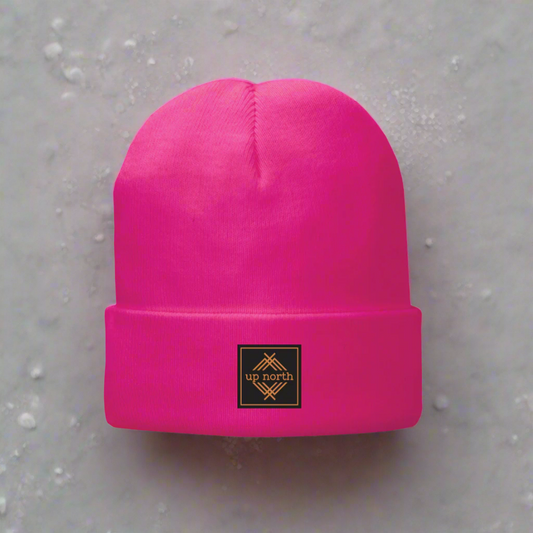 Up North Leather Patch Beanie - Neon Pink