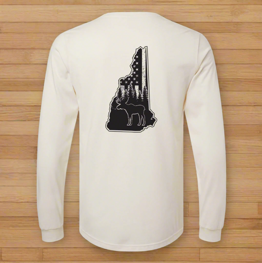 Cream LS Tee, NH Flag Treeline & Moose