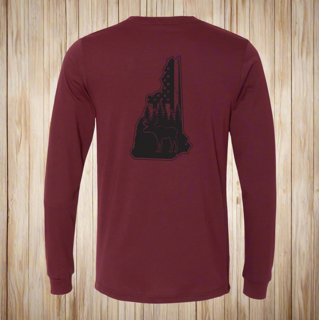 Maroon Heather LS Tee, NH Flag Treeline & Moose