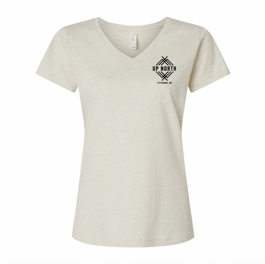 Up North Logo Ladies V-Neck Tee, Cream Heather