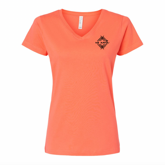 Up North Logo Ladies V-Neck Tee, Neon Coral