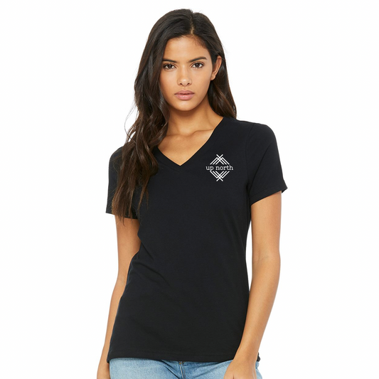 Black Ladies V-Neck Tee, NH Flag Treeline & Moose