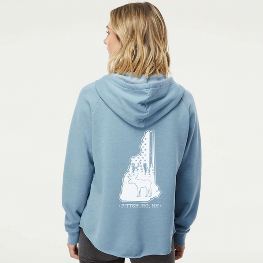 Ladies Hoodie, NH Flag Treeline & Moose - Dusty Blue