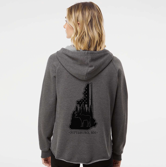Ladies Hoodie, NH Flag Treeline & Moose - Dark Grey