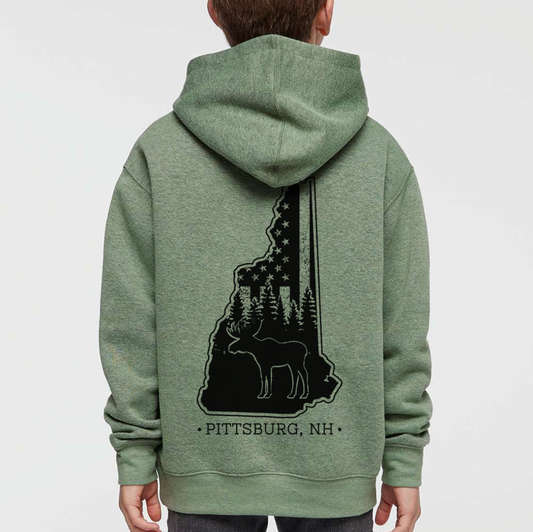 Youth Hoodie, NH Flag Treeline & Moose - Olive