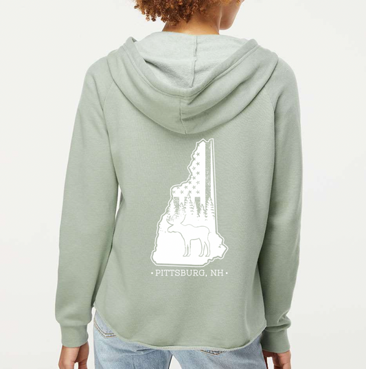Ladies Hoodie, NH Flag Treeline & Moose -Sage