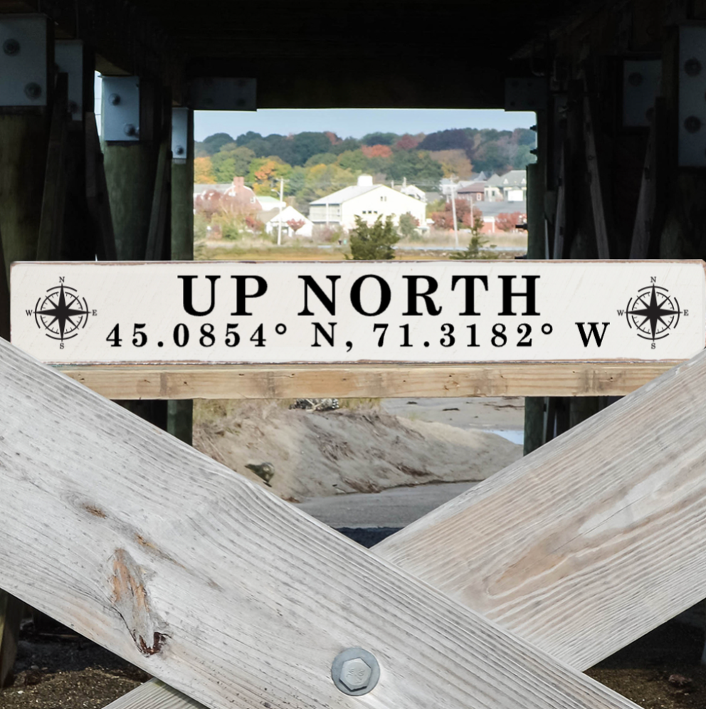 Up North & Coordinates - White Solid Wood Sign