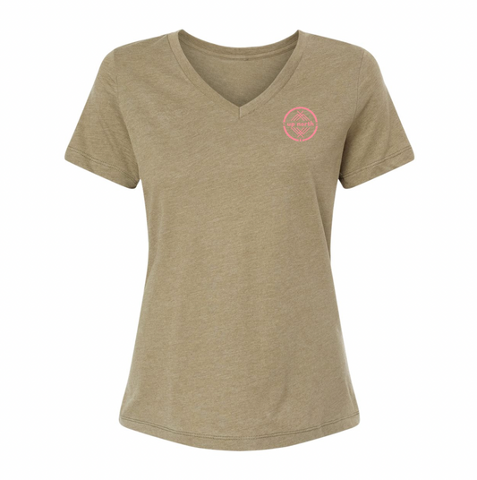Ladies V-Neck Logo Tee - Olive/Pink
