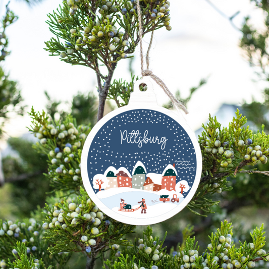 Vintage Snow Globe Village Pittsburg Ornament