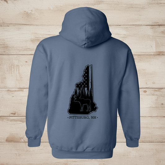 Dusty Blue Hoodie, NH Flag Treeline & Moose