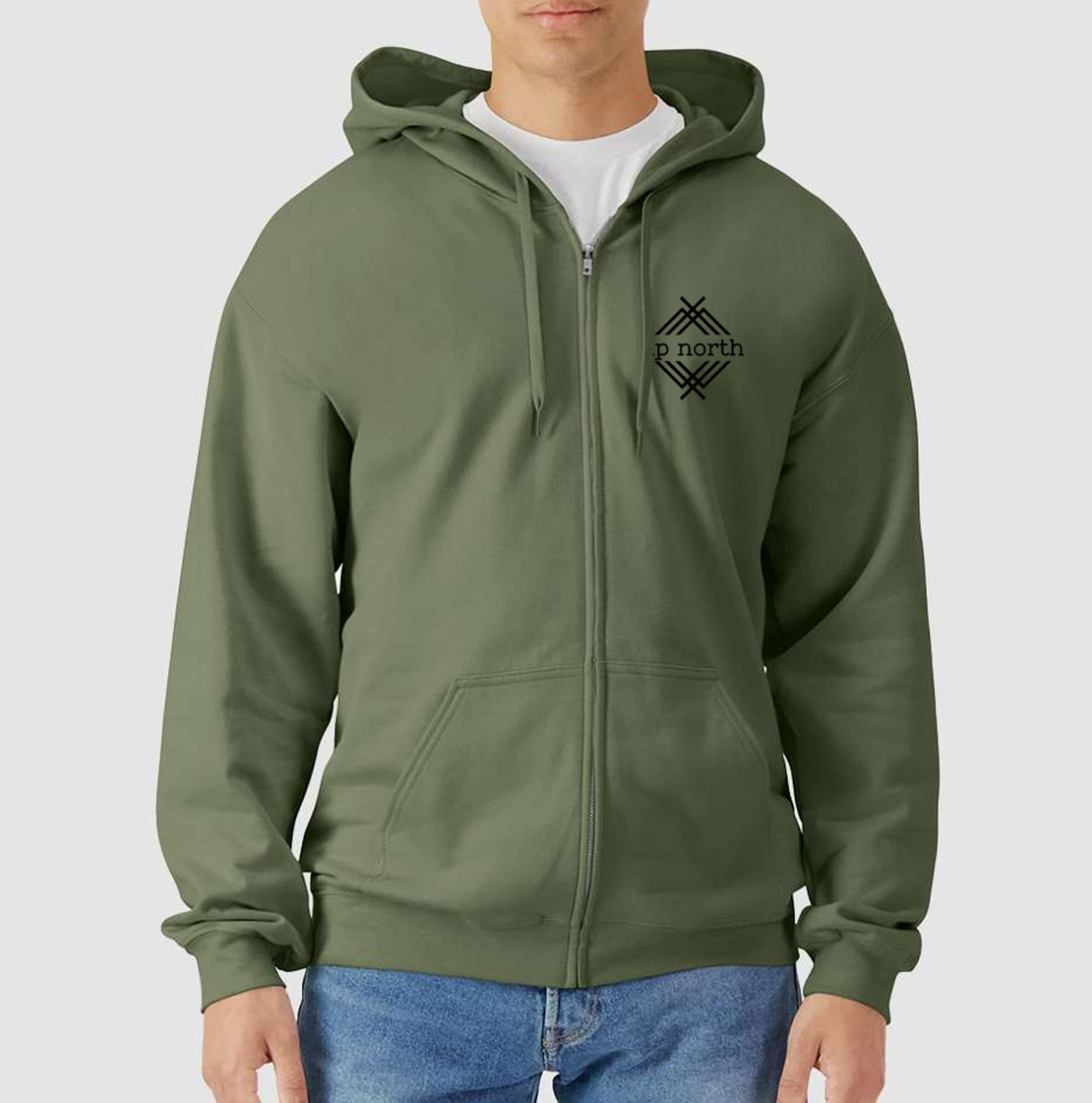 Olive Full Zip Hoodie, NH Flag Treeline & Moose