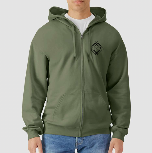 Olive Full Zip Hoodie, NH Flag Treeline & Moose