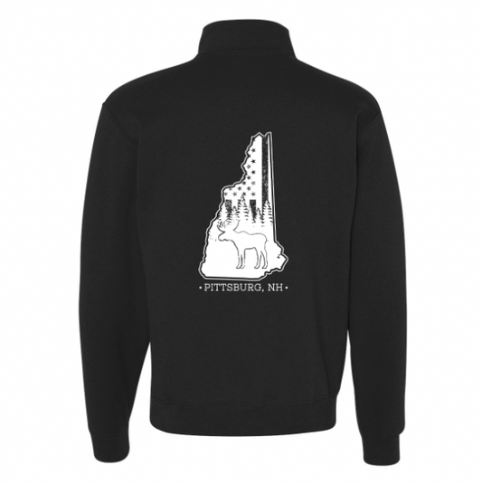 Black 1/4 Zip, NH Flag Treeline & Moose