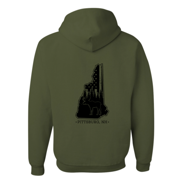 Military Green Hoodie, NH Flag Treeline & Moose