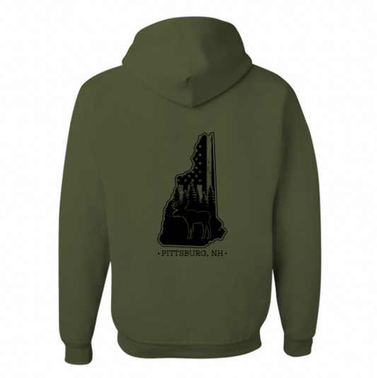 Military Green Hoodie, NH Flag Treeline & Moose