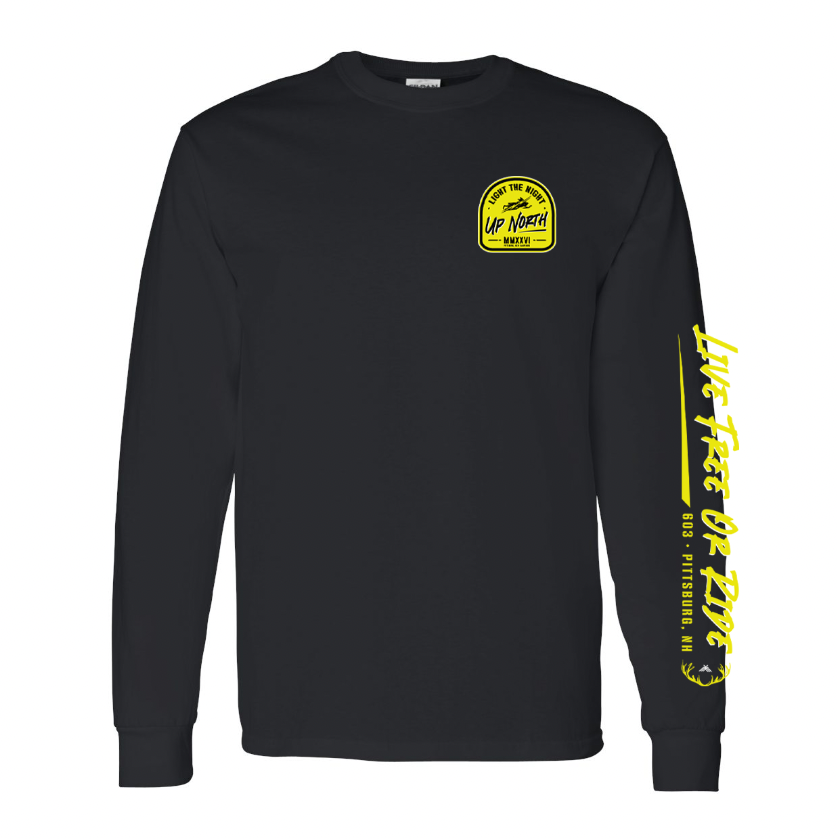 “Live Free or Ride” Up North Long Sleeve Tee - Black/Neon