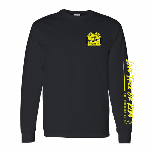 “Live Free or Ride” Up North Long Sleeve Tee - Black/Neon