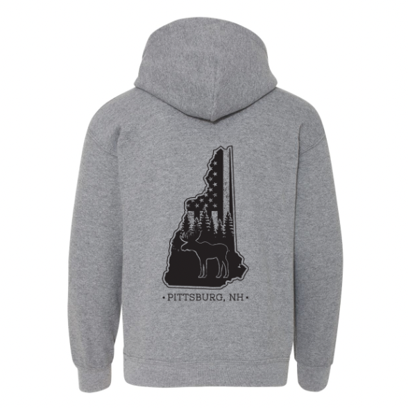 Youth Hoodie, NH Flag Treeline & Moose - Grey Heather