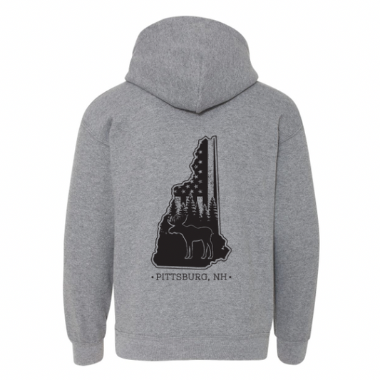 Youth Hoodie, NH Flag Treeline & Moose - Grey Heather