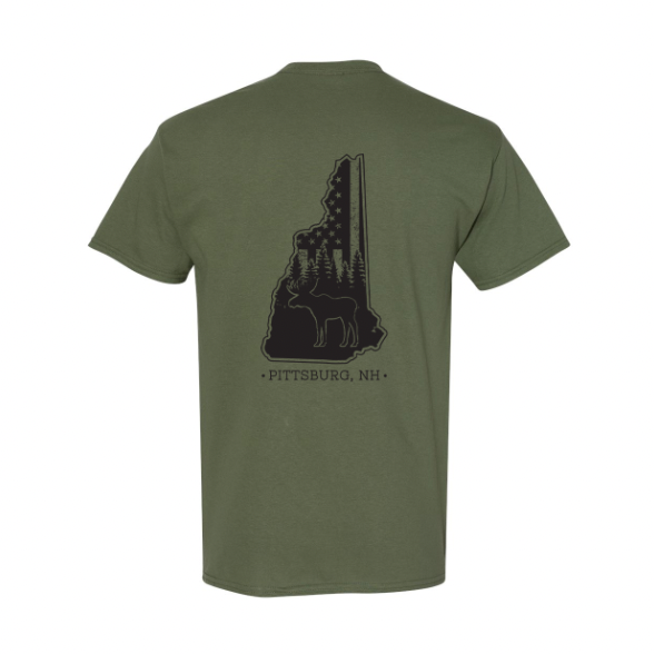 YOUTH Tee - NH Flag Treeline & Moose - Olive Green